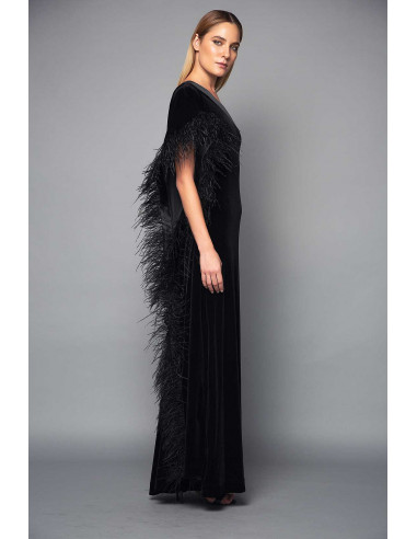 VELVET DRESS ONE SHOULDER - WITH BLACK FEATHERS