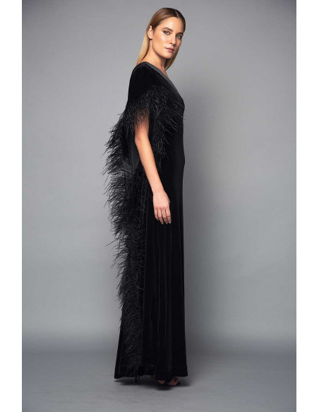 VELVET DRESS ONE SHOULDER - WITH BLACK FEATHERS
