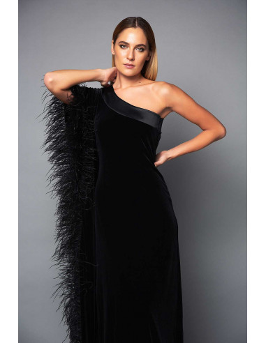 VELVET DRESS ONE SHOULDER - WITH BLACK FEATHERS