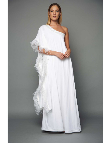 WHITE VELVET ONE SHOULDER  DRESS -  WITH WHITE FEATHERS DETAIL