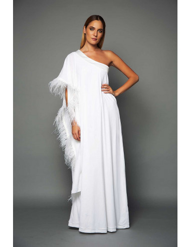 WHITE VELVET ONE SHOULDER  DRESS -  WITH WHITE FEATHERS DETAIL