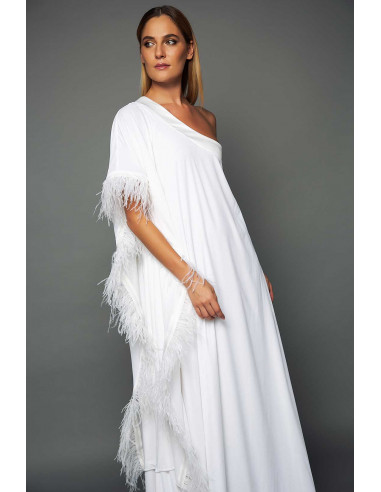 WHITE VELVET ONE SHOULDER  DRESS -  WITH WHITE FEATHERS DETAIL