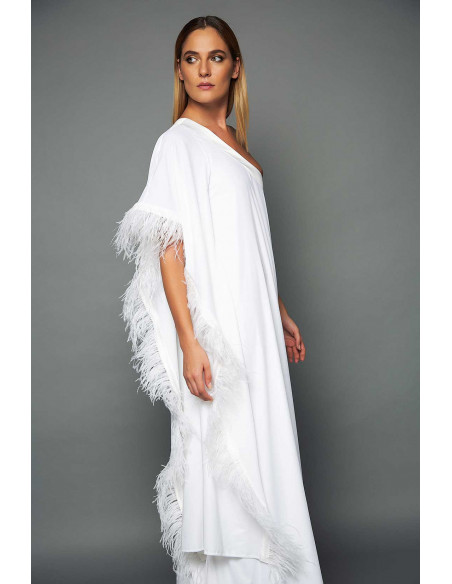WHITE VELVET ONE SHOULDER  DRESS -  WITH WHITE FEATHERS DETAIL