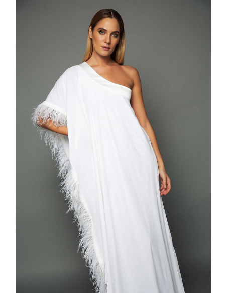WHITE VELVET ONE SHOULDER  DRESS -  WITH WHITE FEATHERS DETAIL