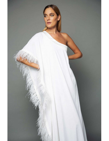 WHITE VELVET ONE SHOULDER  DRESS -  WITH WHITE FEATHERS DETAIL