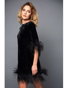 MINI VELVET DRESS -  WITH BLACK FEATHERS 2