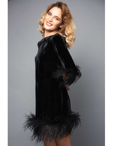MINI VELVET DRESS -  WITH BLACK FEATHERS