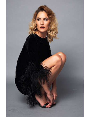 MINI VELVET DRESS -  WITH BLACK FEATHERS
