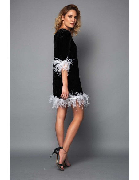 MINI VELVET DRESS -  WITH WHITE FEATHERS