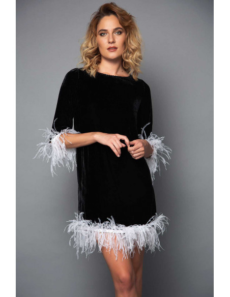 MINI VELVET DRESS -  WITH WHITE FEATHERS