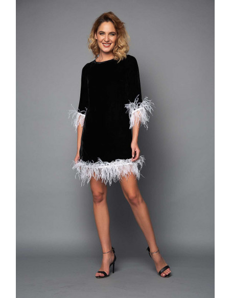 MINI VELVET DRESS -  WITH WHITE FEATHERS