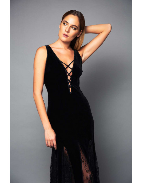 LONG VELVET DRESS -  WITH LACE SKIRT AND STRING