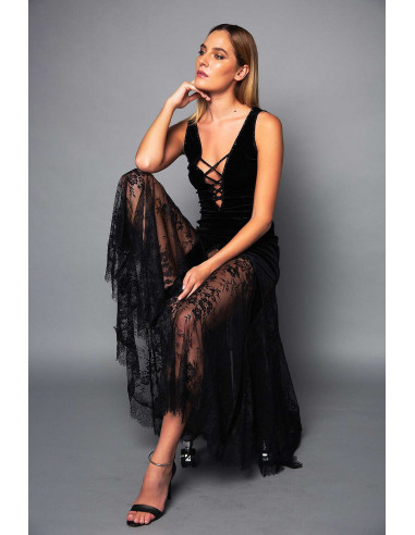 LONG VELVET DRESS -  WITH LACE SKIRT AND STRING