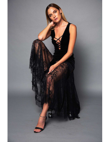 LONG VELVET DRESS -  WITH LACE SKIRT AND STRING