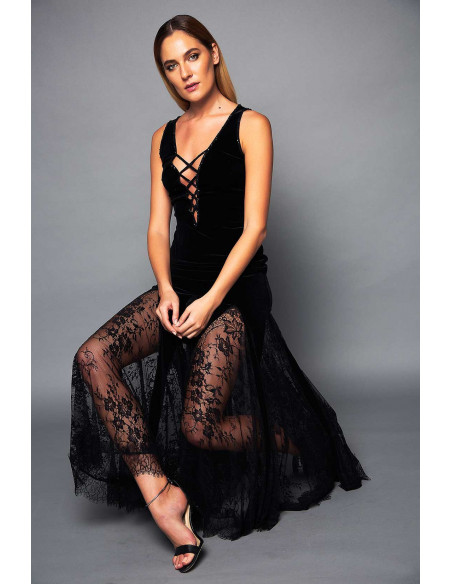 LONG VELVET DRESS -  WITH LACE SKIRT AND STRING