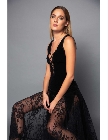 LONG VELVET DRESS -  WITH LACE SKIRT AND STRING