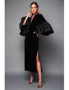 VELVET DRESS -  WITH  MIKADO BELL SLEEVES AND PLUNGE NECK 2