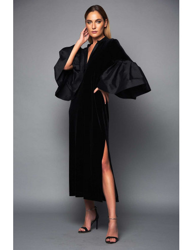 VELVET DRESS -  WITH  MIKADO BELL SLEEVES AND PLUNGE NECK