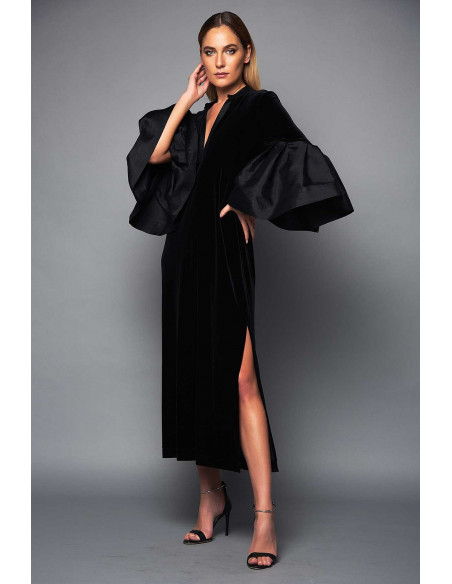 VELVET DRESS -  WITH  MIKADO BELL SLEEVES AND PLUNGE NECK