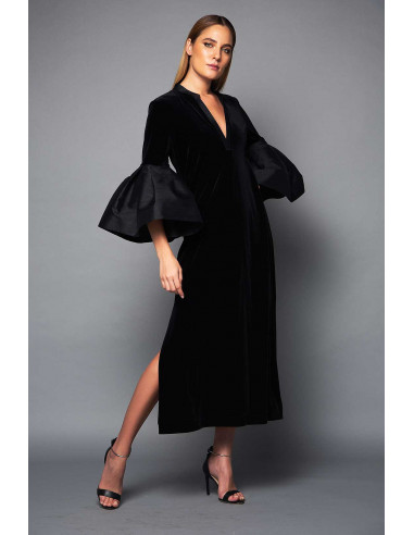 VELVET DRESS -  WITH  MIKADO BELL SLEEVES AND PLUNGE NECK