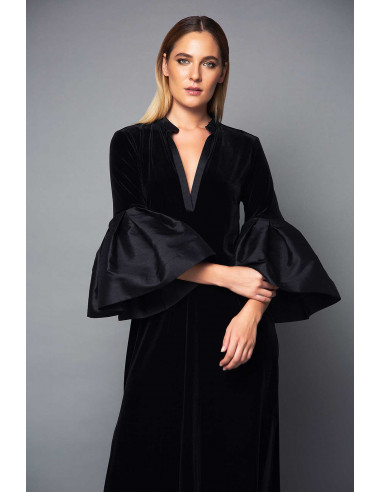 VELVET DRESS -  WITH  MIKADO BELL SLEEVES AND PLUNGE NECK