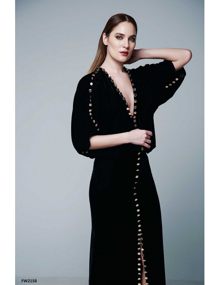 VELVET LONG DRESS – WITH GOLD BUTTONS DETAILS