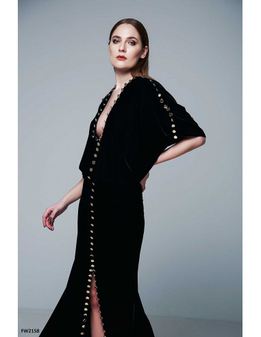 VELVET LONG DRESS – WITH GOLD BUTTONS DETAILS