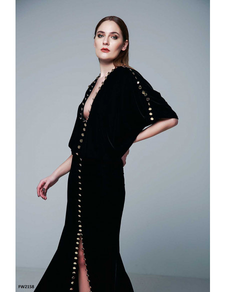 VELVET LONG DRESS – WITH GOLD BUTTONS DETAILS