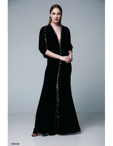 VELVET LONG DRESS – WITH GOLD BUTTONS DETAILS