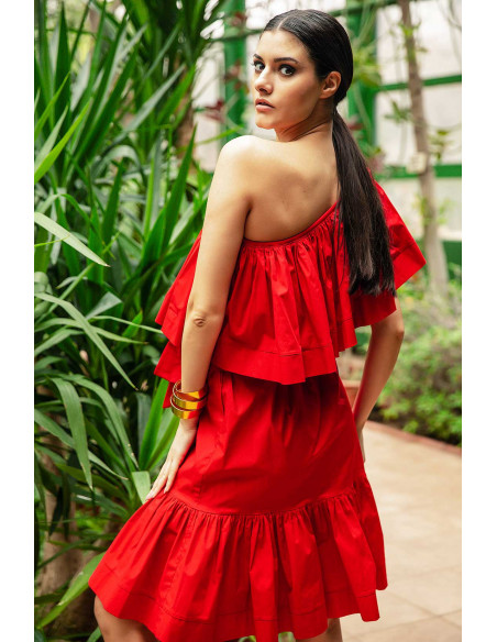 MIDI DRESS- WITH ONE SHOULDER RUFFLE TOP