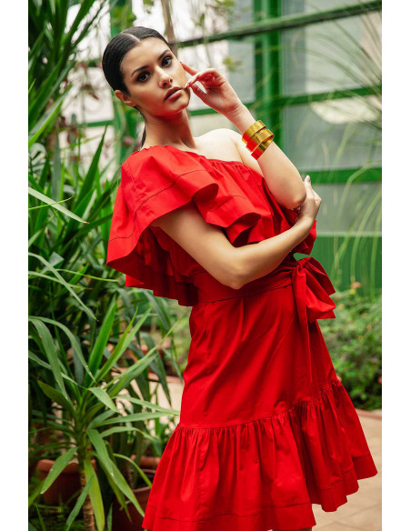 MIDI DRESS- WITH ONE SHOULDER RUFFLE TOP