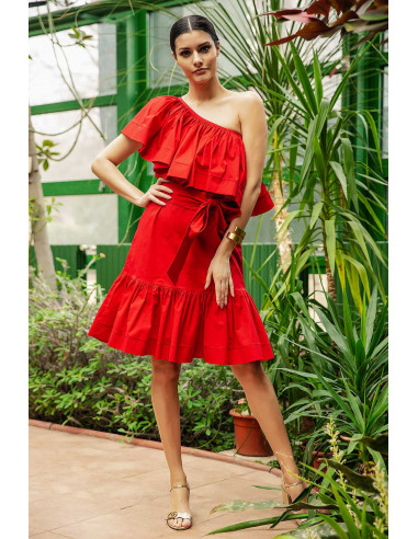 MIDI DRESS- WITH ONE SHOULDER RUFFLE TOP