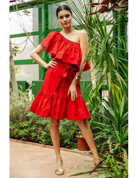 MIDI DRESS- WITH ONE SHOULDER RUFFLE TOP