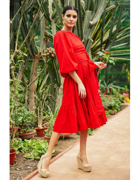 MIDI DRESS - WITH PUFFED SLEEVES