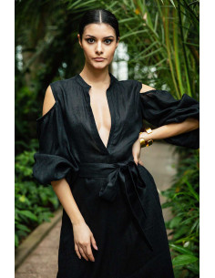 MEDIUM TUNIC DRESS - WITH PUNGE NECK LINE AND SPLIT PUFFED SLEEVES 2