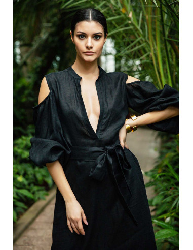 MEDIUM TUNIC DRESS - WITH PUNGE NECK LINE AND SPLIT PUFFED SLEEVES