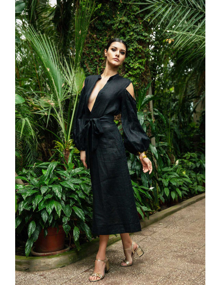 MEDIUM TUNIC DRESS - WITH PUNGE NECK LINE AND SPLIT PUFFED SLEEVES