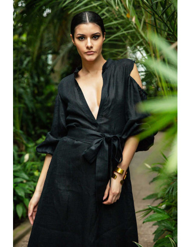 MEDIUM TUNIC DRESS - WITH PUNGE NECK LINE AND SPLIT PUFFED SLEEVES