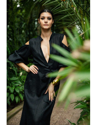 MEDIUM TUNIC DRESS - WITH PUNGE NECK LINE AND SPLIT PUFFED SLEEVES